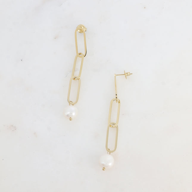 Boucles pendantes - 3 maillons ovales et perle d'eau douce