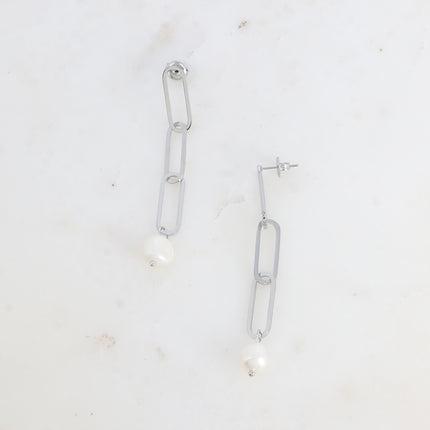 Boucles pendantes - 3 maillons ovales et perle d'eau douce