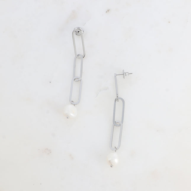 Boucles pendantes - 3 maillons ovales et perle d'eau douce