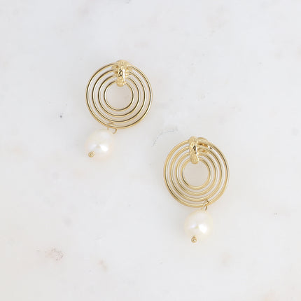 Boucles pendantes - 4 anneaux ronds ajourés et perle d'eau douce