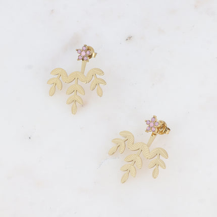 Boucles puces - fleur, oxydes de zirconium et pièce interchangeable 3 feuillages