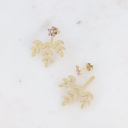 Boucles puces - fleur, oxydes de zirconium et pièce interchangeable 3 feuillages
