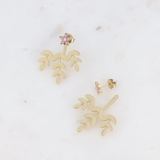 Stud earrings - flower, zirconia and interchangeable 3-leaf piece