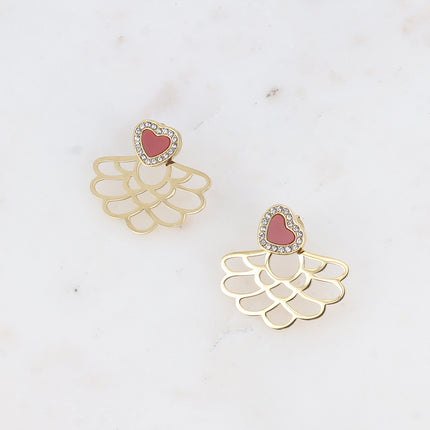 Boucles puces BS0115 - coeur, émail, oxydes de zirconium et rosace ajourée
