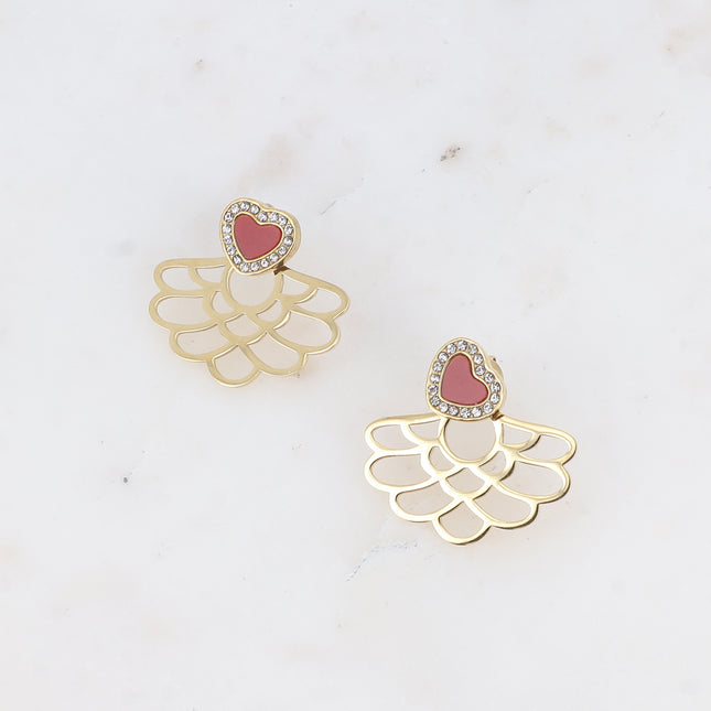 Boucles puces BS0115 - coeur, émail, oxydes de zirconium et rosace ajourée