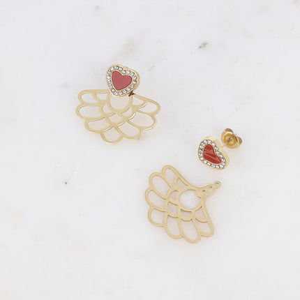 Boucles puces BS0115 - coeur, émail, oxydes de zirconium et rosace ajourée