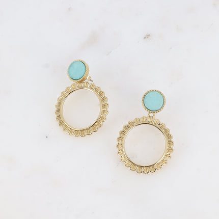 BS0117 stud earrings - round natural stone and interchangeable ring piece with textured petals