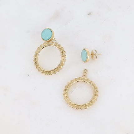 BS0117 stud earrings - round natural stone and interchangeable ring piece with textured petals