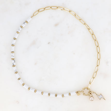 Collier - maille ovale, pierres naturelles et 2 charms Bohm
