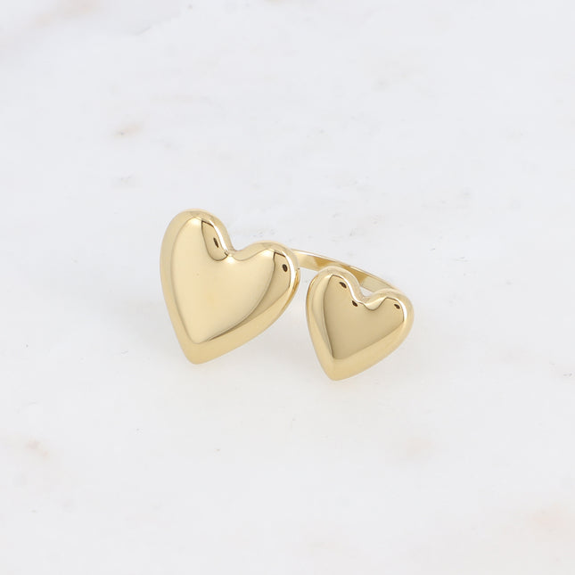 Open ring - 2 large smooth and mirrored hearts