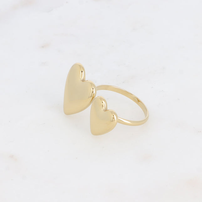 Open ring - 2 large smooth and mirrored hearts