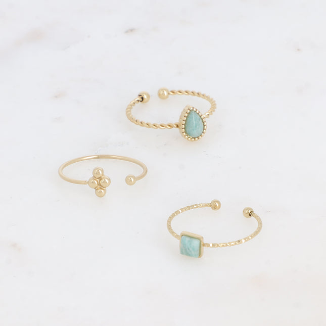 Set of 3 Moa rings - teardrop, square natural stone, grains