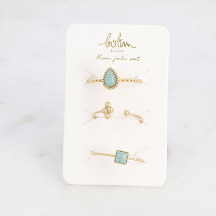 Set de 3 bagues Moa - goutte, carré en pierre naturelle, grains