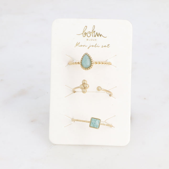 Set of 3 Moa rings - teardrop, square natural stone, grains