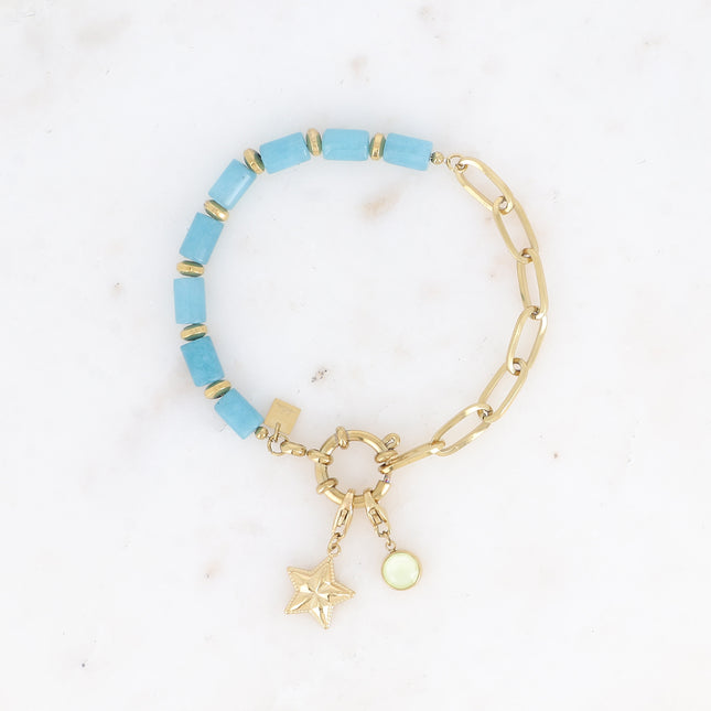 Bracelet - maille ovale, fermoir bouée & pierres naturelles et 2 charms Bohm