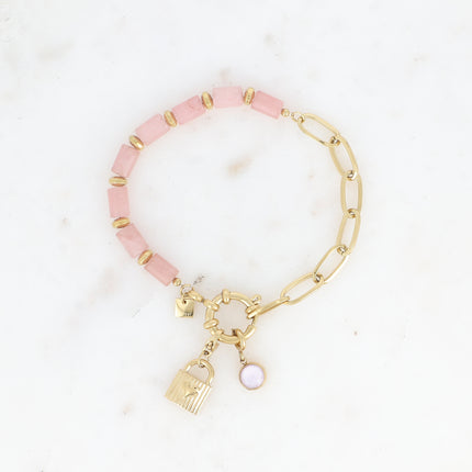 Bracelet - maille ovale, fermoir bouée & pierres naturelles et 2 charms Bohm