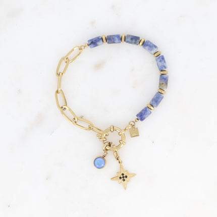 Bracelet - maille ovale, fermoir bouée & pierres naturelles et 2 charms Bohm