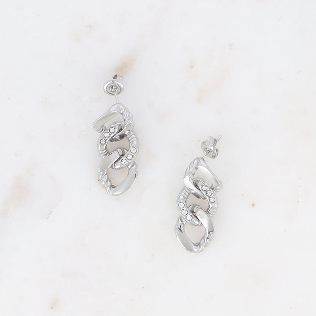 Drop earrings - 3 curb links with cubic zirconia