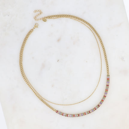 Collier Lorelia -  2 rangs, chaîne rivière avec maille gourmette et maille forçat