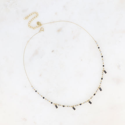Collier - chaîne fine avec pâtes de verre et cristaux rectangulaires pendants