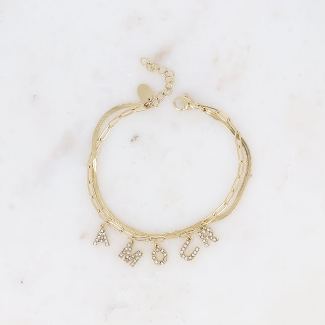 Bracelet multirangs - 2 mailles miroir et ovale, lettres AMOUR avec oxydes de zirconium