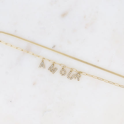 Bracelet multirangs - 2 mailles miroir et ovale, lettres AMOUR avec oxydes de zirconium