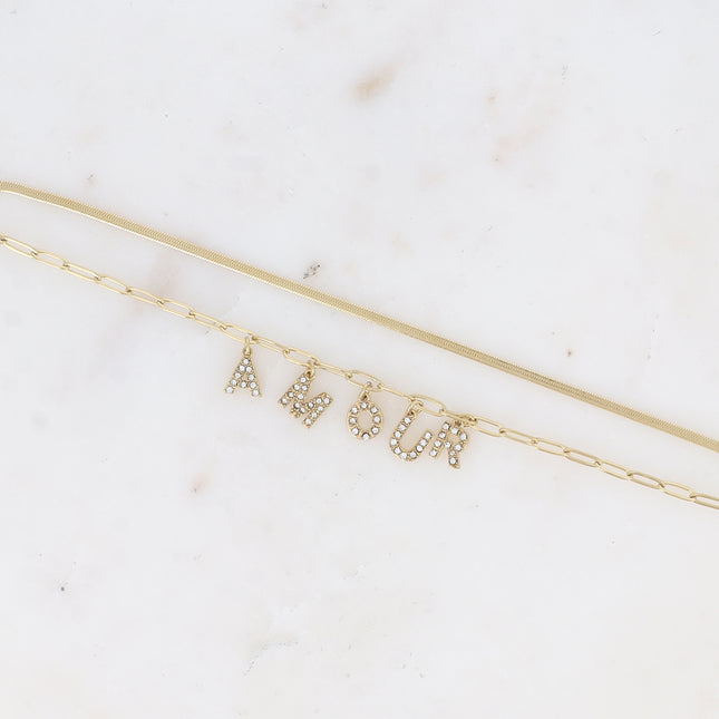 Bracelet multirangs - 2 mailles miroir et ovale, lettres AMOUR avec oxydes de zirconium