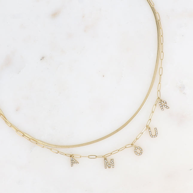 Collier multirangs - 2 mailles miroir et ovale, lettres AMOUR avec oxydes de zirconium