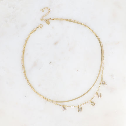 Collier multirangs - 2 mailles miroir et ovale, lettres AMOUR avec oxydes de zirconium
