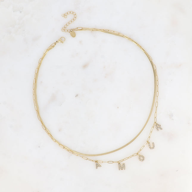 Collier multirangs - 2 mailles miroir et ovale, lettres AMOUR avec oxydes de zirconium