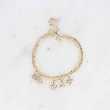 Bracelet multirangs - 2 mailles miroir et ovale, lettres MAMAN avec oxydes de zirconium