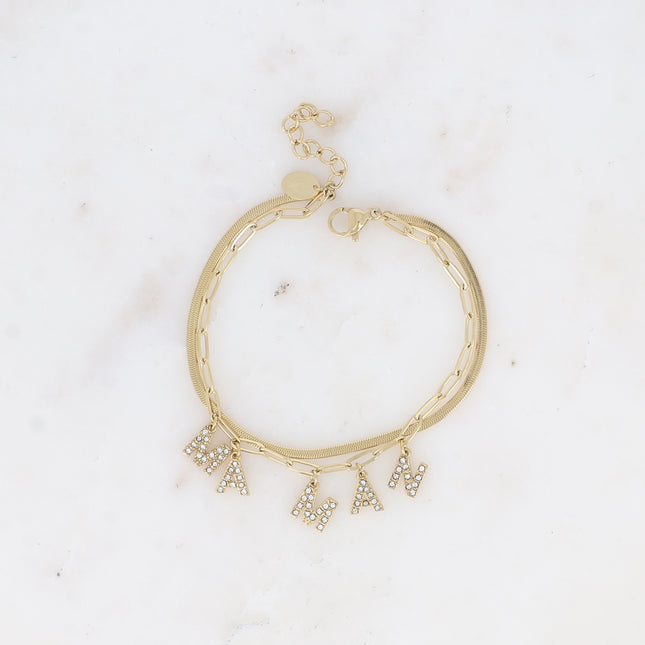 Bracelet multirangs - 2 mailles miroir et ovale, lettres MAMAN avec oxydes de zirconium