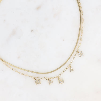 Collier multirangs - 2 mailles miroir et ovale, lettres MAMAN avec oxydes de zirconium