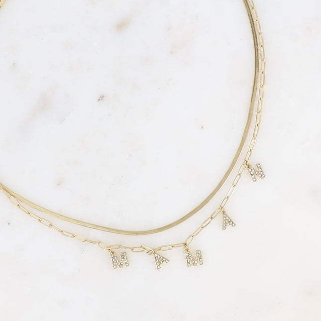 Collier multirangs - 2 mailles miroir et ovale, lettres MAMAN avec oxydes de zirconium