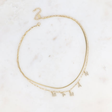 Collier multirangs - 2 mailles miroir et ovale, lettres MAMAN avec oxydes de zirconium