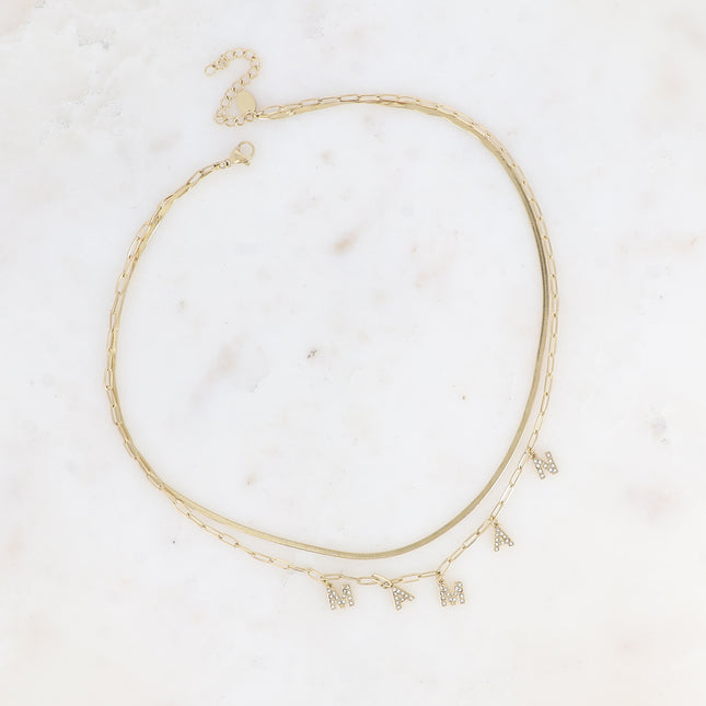 Collier multirangs - 2 mailles miroir et ovale, lettres MAMAN avec oxydes de zirconium