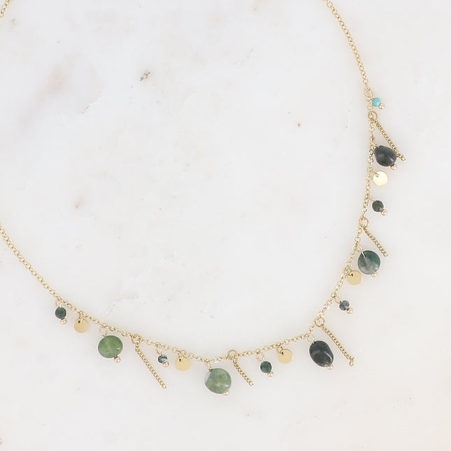 Collier Alice - chaînes pendantes, pierres naturelles et pampilles rondes