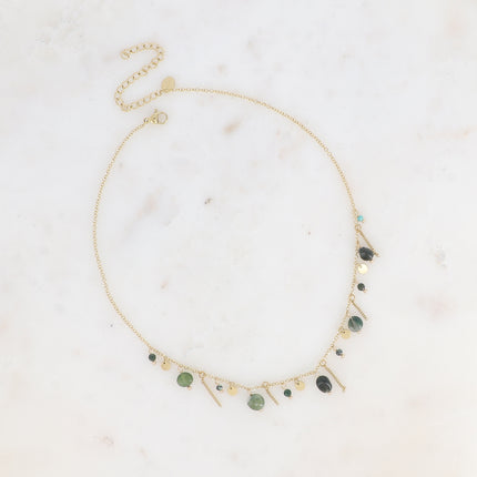 Alice Necklace - dangling chains, natural stones and round tassels