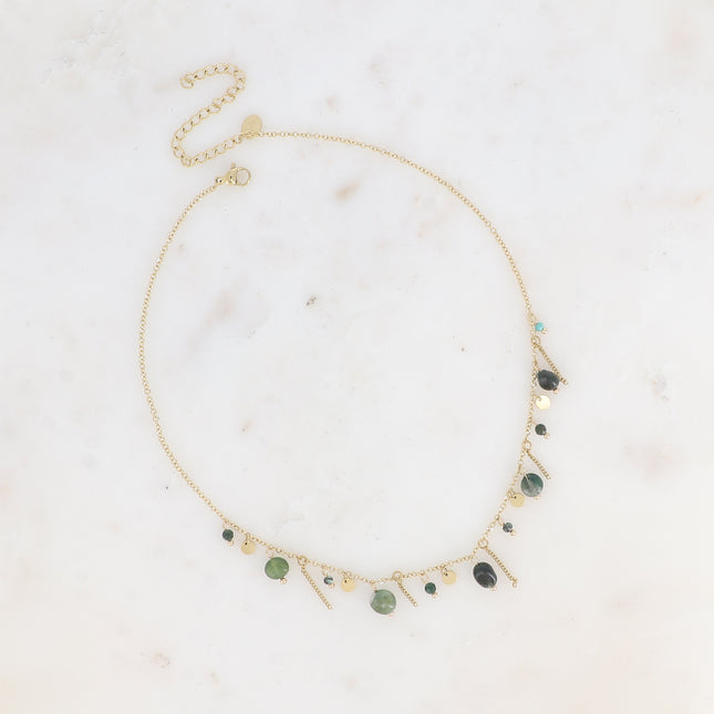Collier Alice - chaînes pendantes, pierres naturelles et pampilles rondes