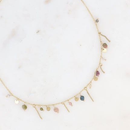 Alice Necklace - dangling chains, natural stones and round tassels