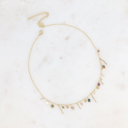 Alice Necklace - dangling chains, natural stones and round tassels