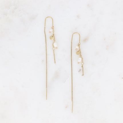 Boucles pendantes - 2 chaînes, perles d'eau douce et pampille ronde