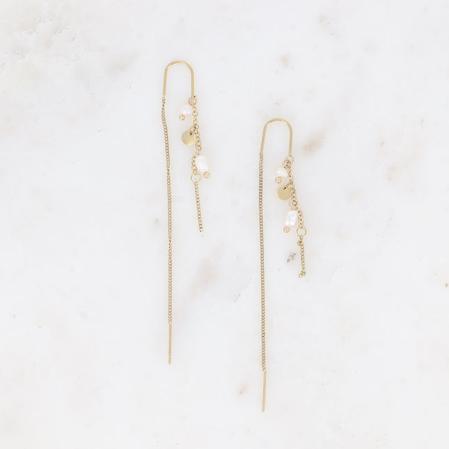 Boucles pendantes - 2 chaînes, perles d'eau douce et pampille ronde