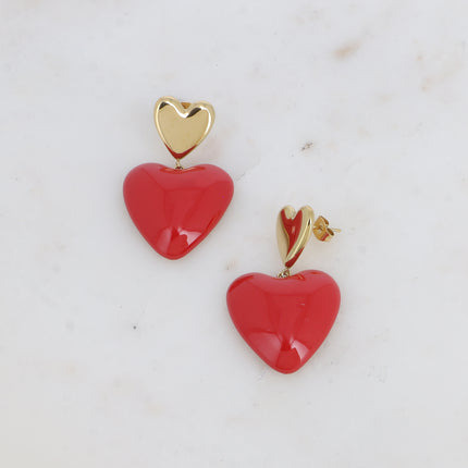 Boucles pendantes Valencia - double coeur, lisse et en émail