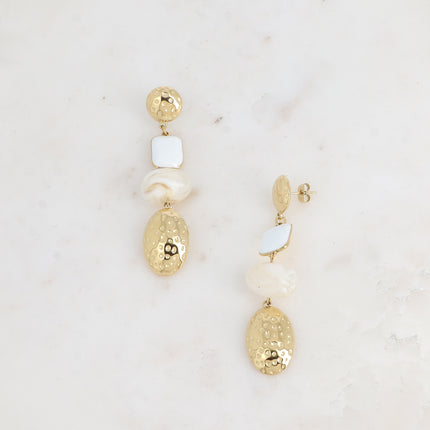 Boucles pendantes Aglaé - 4 pièces (2 petits pois martelés, un rectangle émaillé et une acétate)