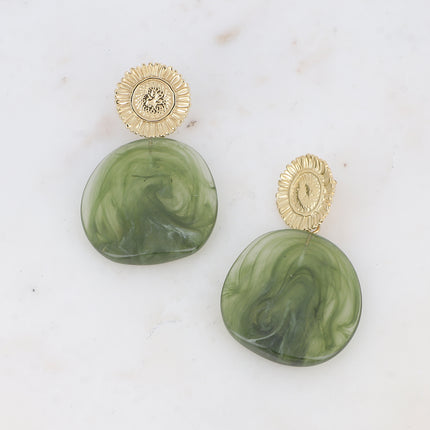 Boucles pendantes Adélaïde - fleur texturée et pièce en acétate