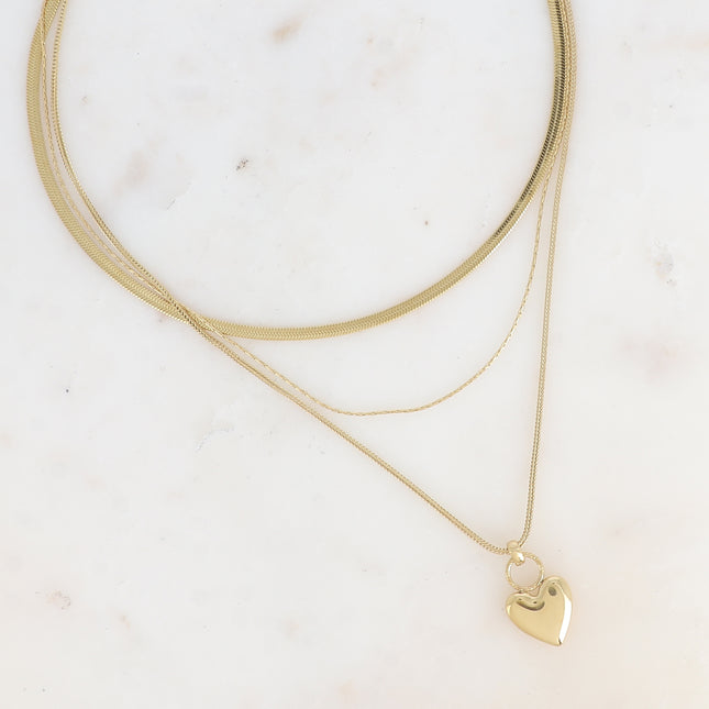 Multi-strand necklace - 3 strands, square snake chain, paloma and mirror, sparkling heart pendant
