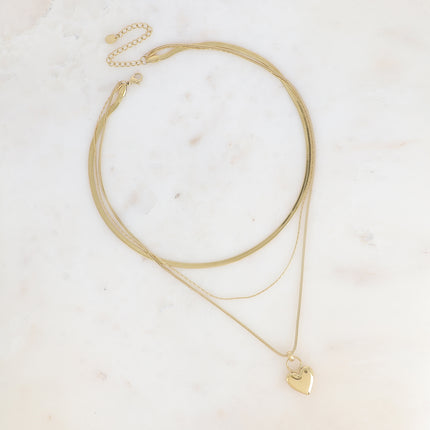 Multi-strand necklace - 3 strands, square snake chain, paloma and mirror, sparkling heart pendant