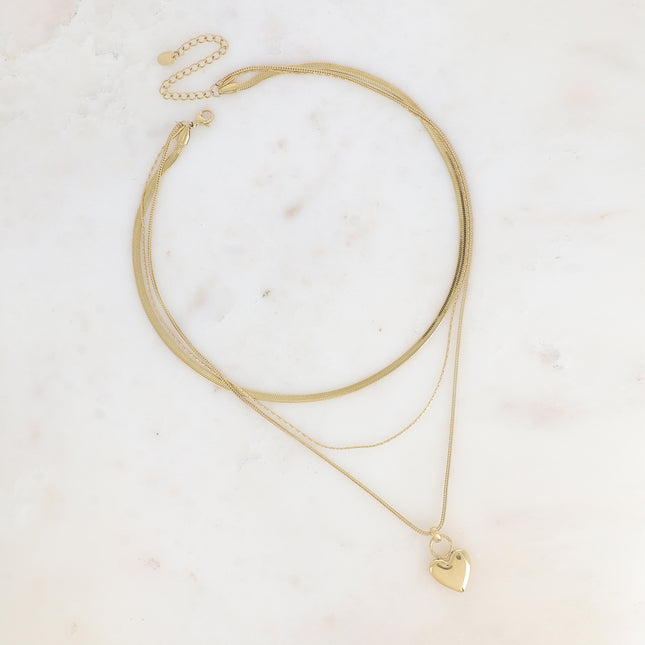 Multi-strand necklace - 3 strands, square snake chain, paloma and mirror, sparkling heart pendant