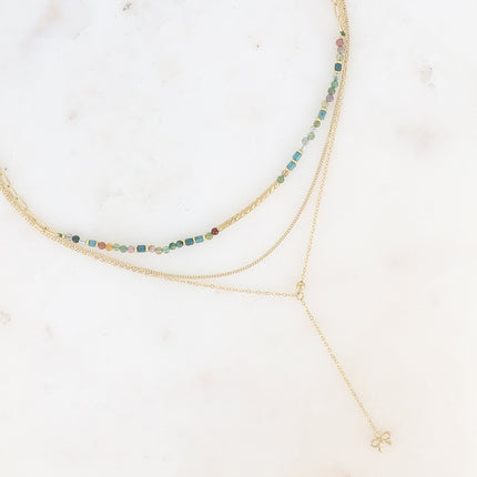Collier multirangs - 3 rangs, gourmette, forçat Y, pierres naturelles et perle tube strié, pendentif noeud papillon